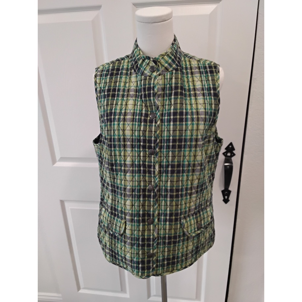 Christopher & Banks Quilted Plaid Vest Size M Green Blue Snap Front Pockets